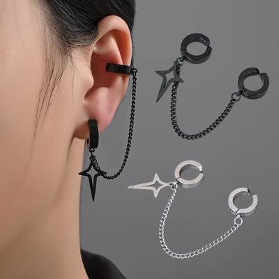 2Pcs  Minimalist Earrings For Teens Ear No Piercing Jewelry Women Men Retro Punk Four-Pointed Star Pendant Ornaments Gift
