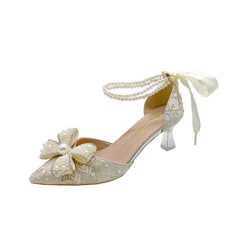 Fashion One Word Buckle Bow Baotou High Heels Women's New Wedding Pointed Toe Shallow Mouth Beaded Pearl Non-slip Sandals