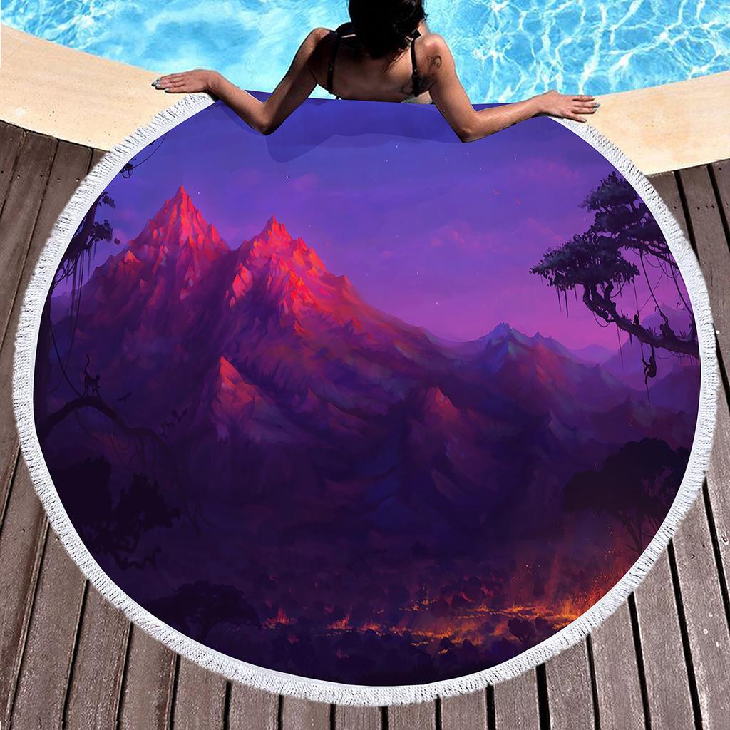 Purple Dreamy Scenery Print Round Beach Towel,Polyester Sand Resistant Beach Blanket,Absorbent Quick Dry Pool Towel Picnic Mat