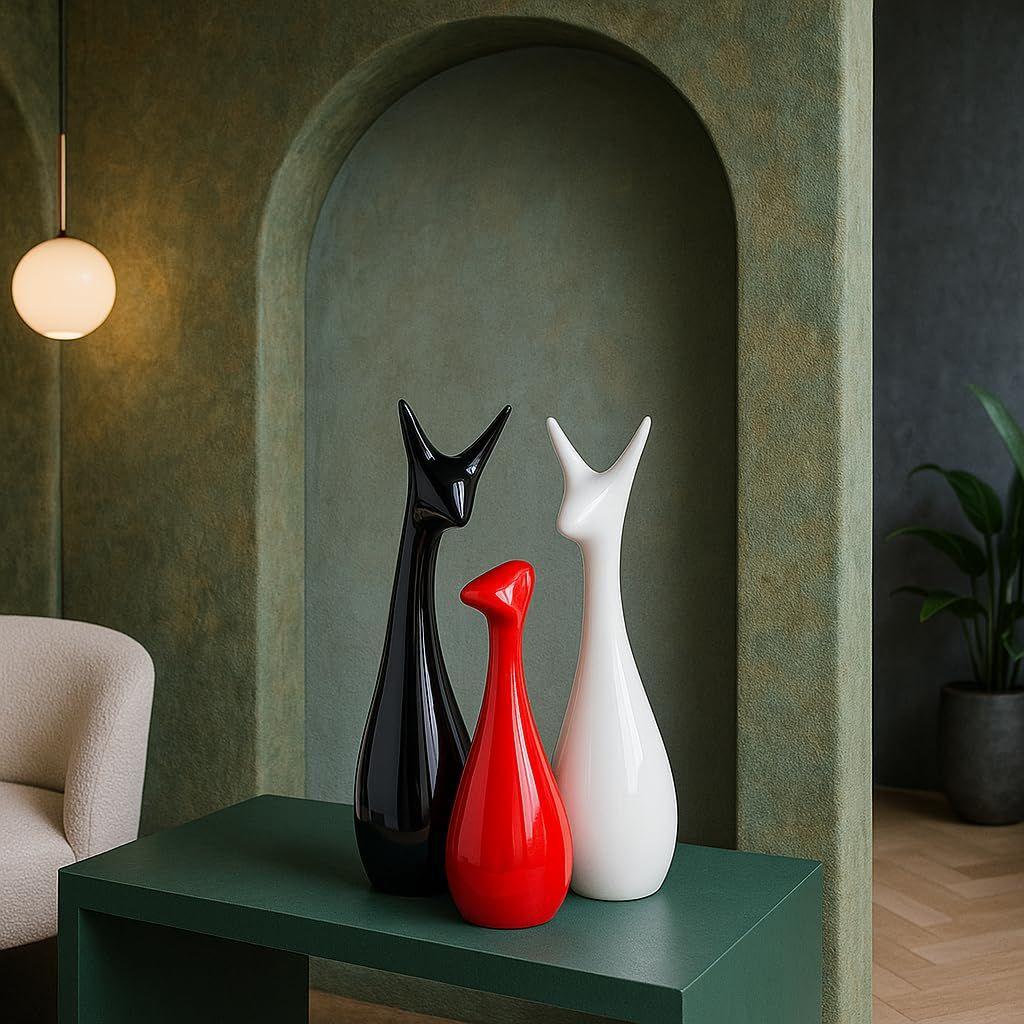 Home Decor Lucky Deer Statue Family Piano Finish Ceramic Figures - (Set of 3, Red Black, White)