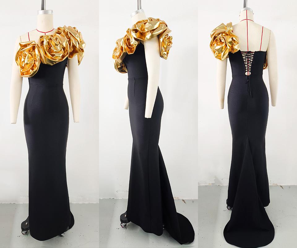 Elegant One-Shoulder Gold Flower Women's Banquet Dress (2026)