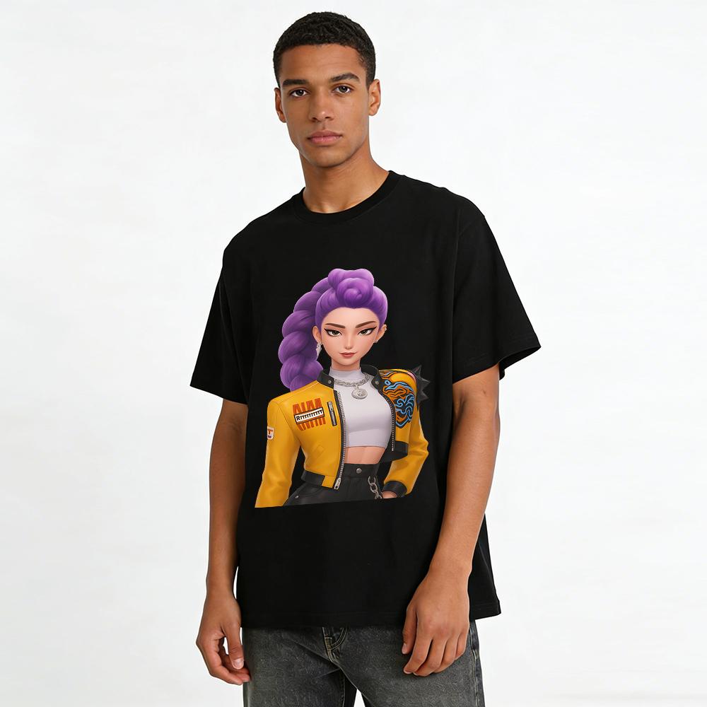 Cyber Style Purple Hair Cool Girl Print Crop Top Trendy Street Style Navel-exposed Bottoming Shirt Pure cotton T-shirt
