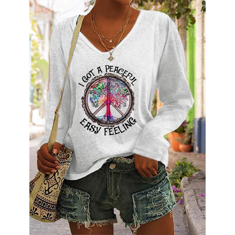 Women's Hippie Letter Print T-Shirts Retro Casual Loose Long Sleeve V Neck Tops