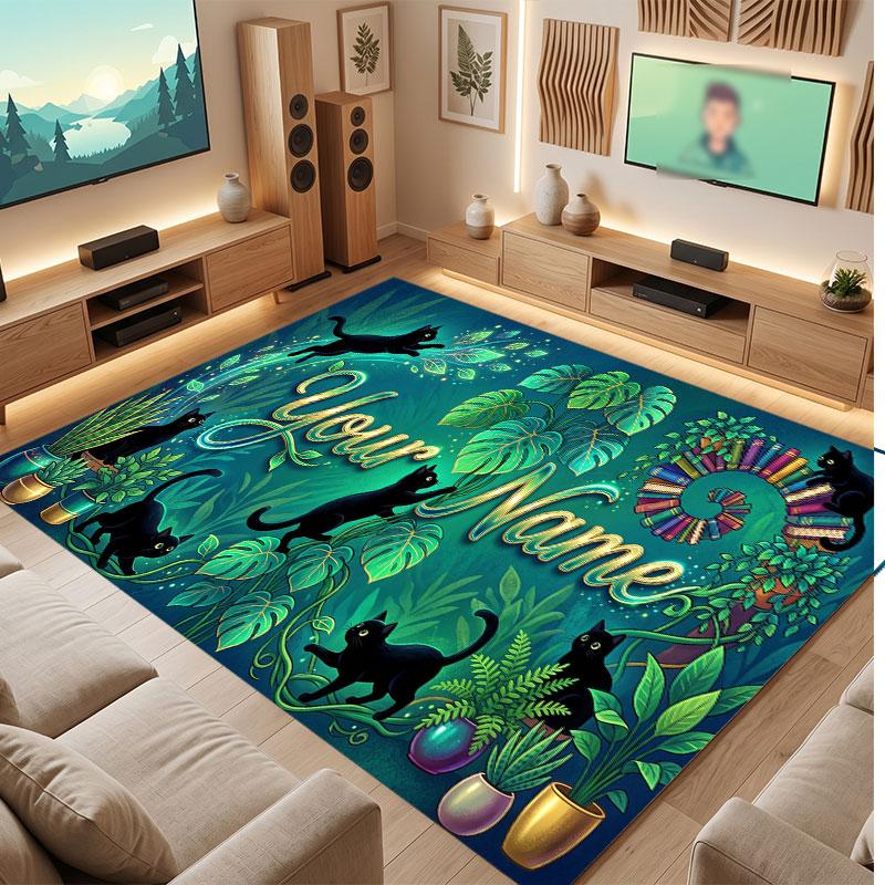 Cat Theme Crystal Velvet Floor Rug Personalized Custom Name Text Warm Carpet Home Decoration