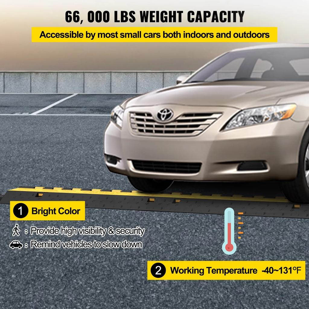 VEVOR 4 Pack Rubber Cable Protector Ramp 103x25.5x5 Cm 2 Channel Heavy Duty 66000lbs Load Capacity Cable Wire Cord Cover Ramp Speed Bump Driveway