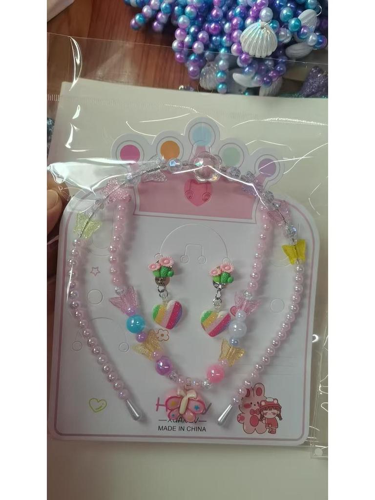 Colorful Pearl Necklace and Jewelry Set: Beaded Bracelet, Cartoon Headband, Earrings - Princess Accessories for Girls