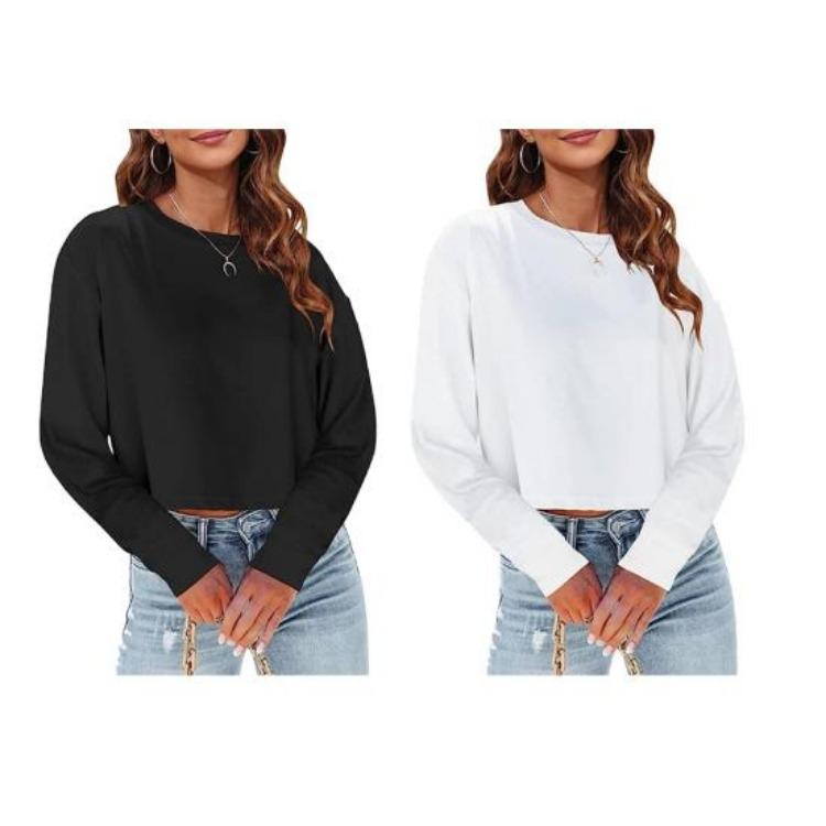 Casual Daily Wear Women Cropped Tops Loose Fit Solid Color Pullover Round Neck Long Sleeves Tops