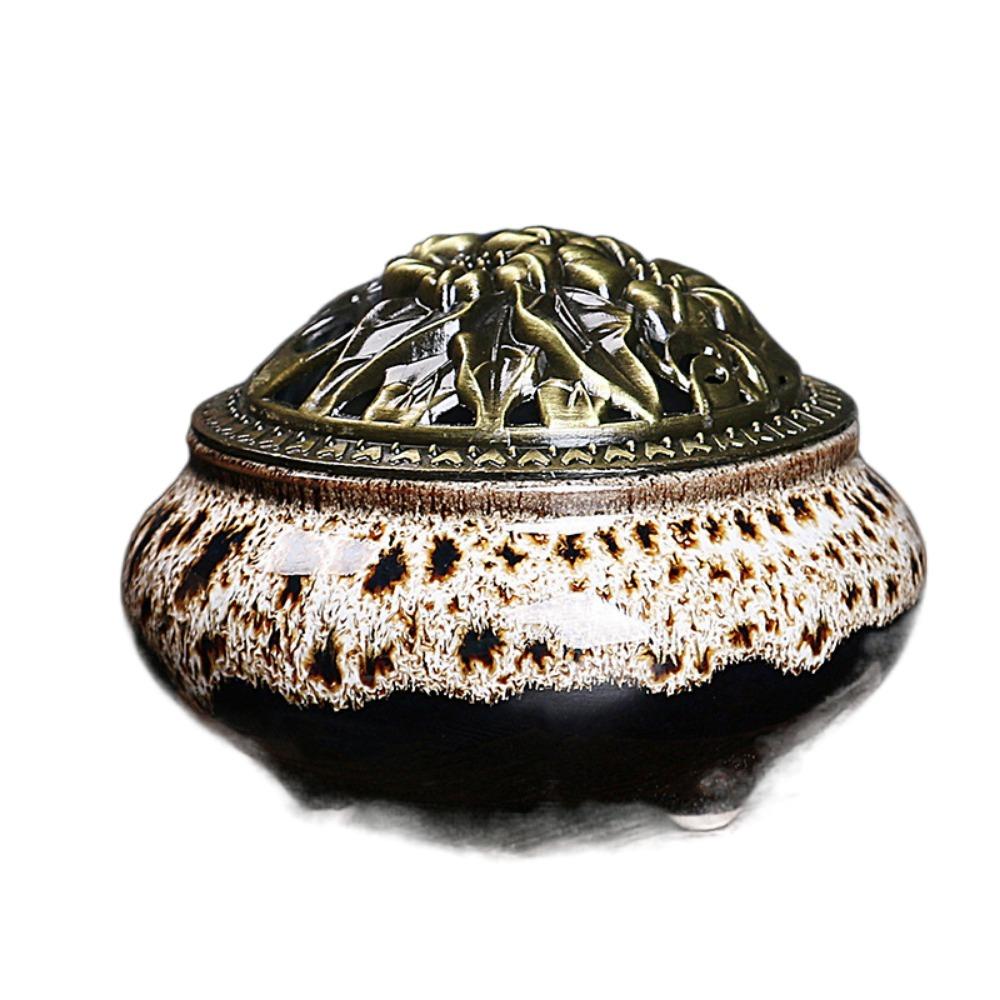 New Ceramic Incense Burner Copper Cover Ice Crack Incense Plate Antique Alloy Sandalwood Stove Home Decoration