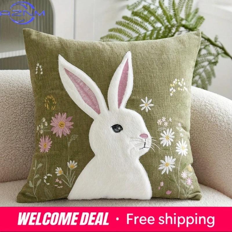 2D Printing Effect Beige Flower Rabbit Cushion Cover Made Of Polyester Fiber Material Suitable For Sofa Bedroom Spring Decoratio