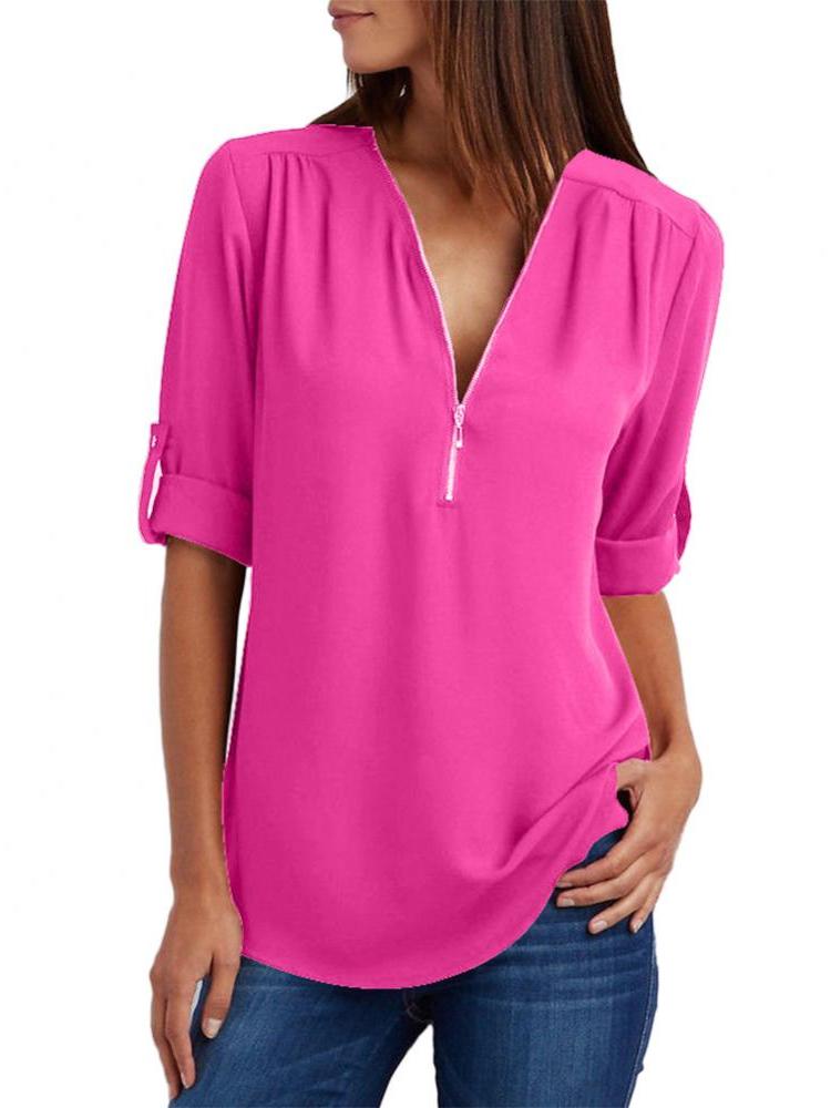 

Летние повседневные свободные топы с v-образным вырезом больших размеров, женские элегантные винтажные тонкие рубашки с короткими рукавами, женская французская шикарная однотонная одежда на молнии 5XL амарант розовый