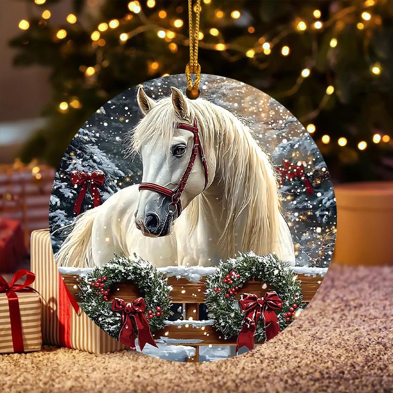 2025 Farmhouse White Horse Christmas Ornament - Acrylic Hanging Tree Decor, Holiday Gift for Women | Farmhouse Christmas Tree Decoration