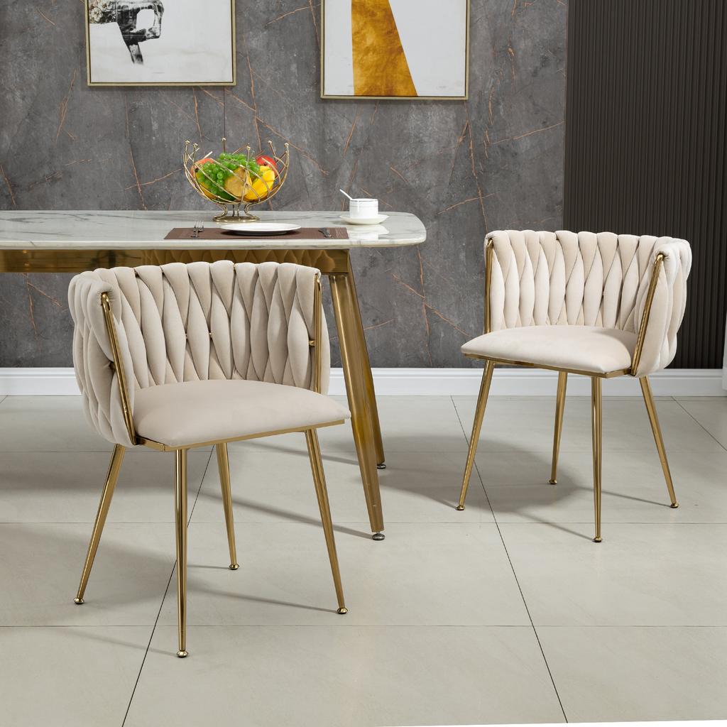 (Old SKU:W1880109477)Modern Luxurious Velvet Dining Chair Set with Golden Metal Legs, Elegant Hand-Woven Design and Soft Cushions