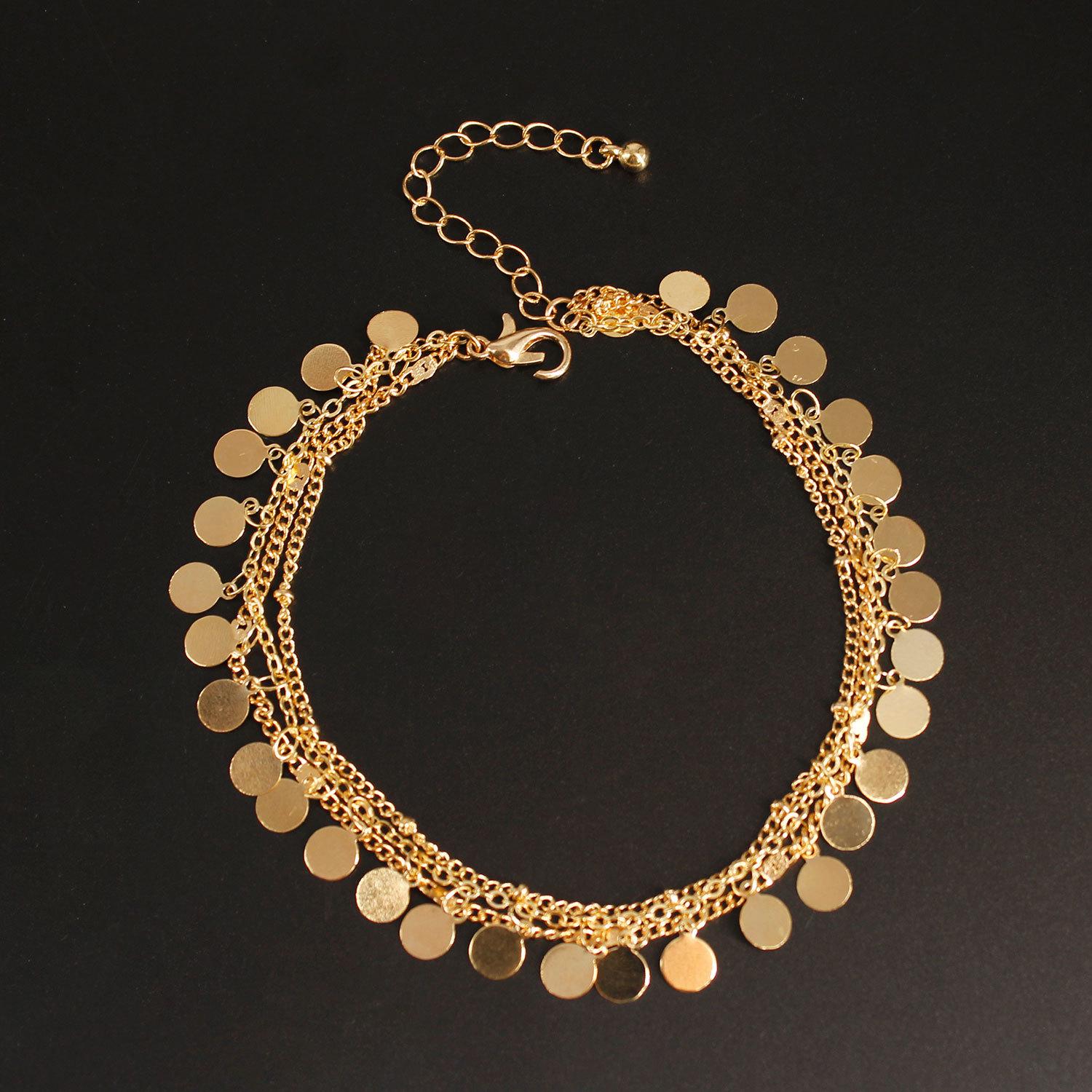 

New popular beach anklet, metal sequined foot decoration three-piece multi-layer anklet золотой
