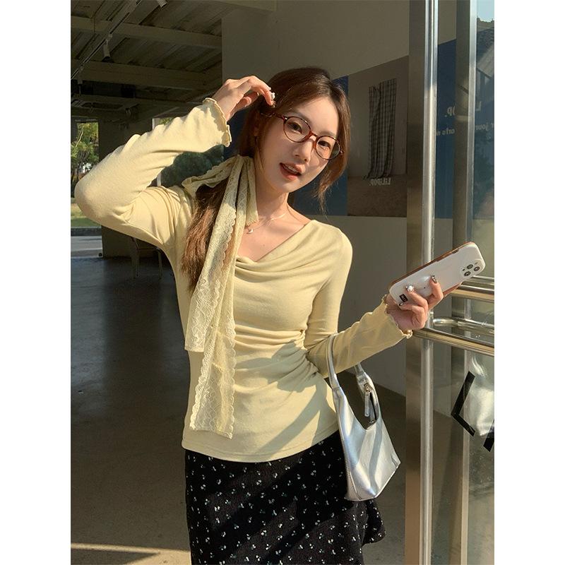 Pure Desire To Swing Collar, Scarf, Waist and Thin Irregular Long-sleeved T-shirt Women's Spring and Autumn Beautiful Fungus Edge Inner Top