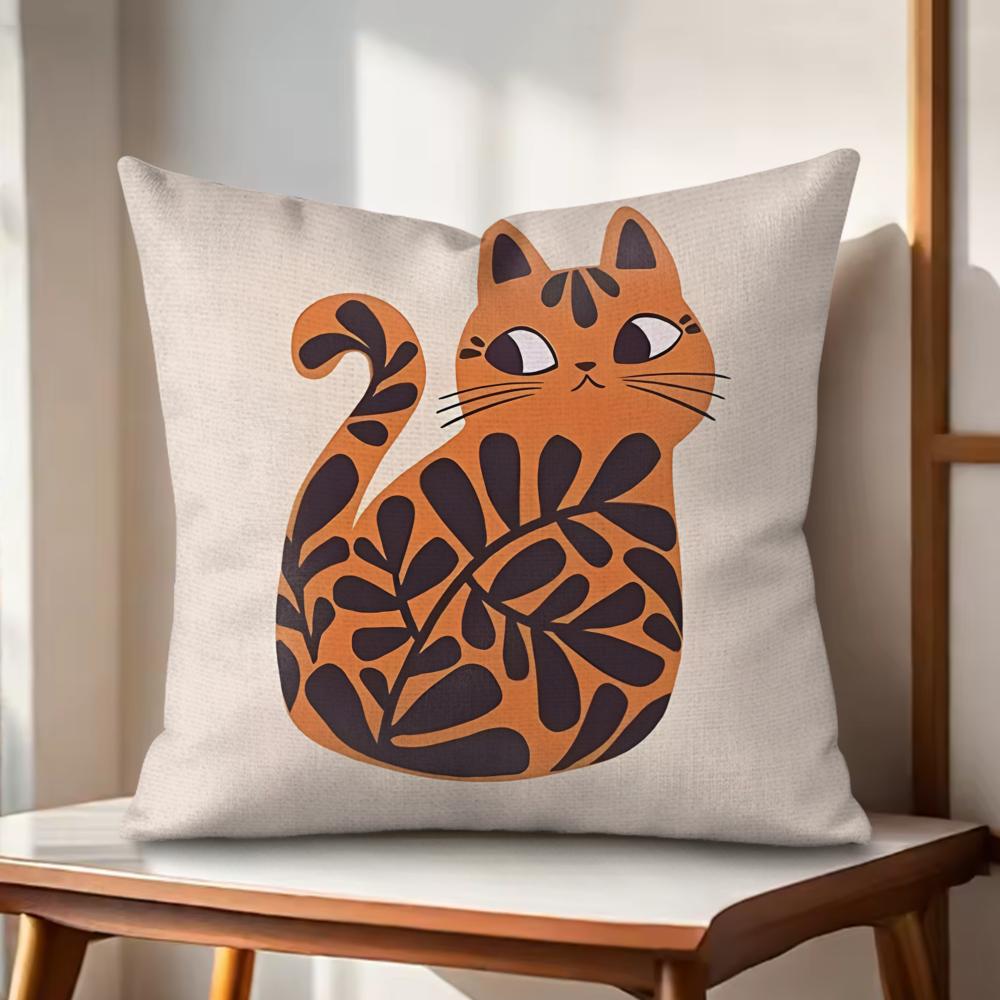 Boho Cats Art Cushion Cover Natural Linen Organic Fabric DoubleSided Printing Couch Pillow Covers Home Decor