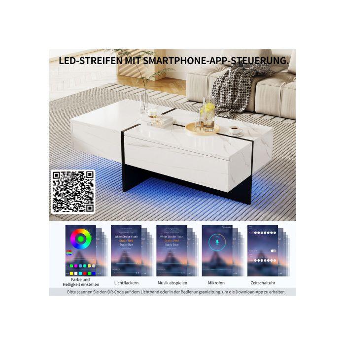 Table Basse - MUVOE - Imitation Marbre Blanc - Éclairage LED - 3 Tiroirs - 100x50x34.5 Cm