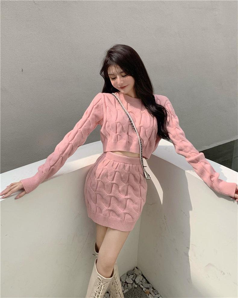 2024 Zopfstrickpullover & Bodycon Minirock Set - Damen Slim Fit, Langarm, Hohe Taille, Lässiger Stil, Verdicktes Zweiteiler.