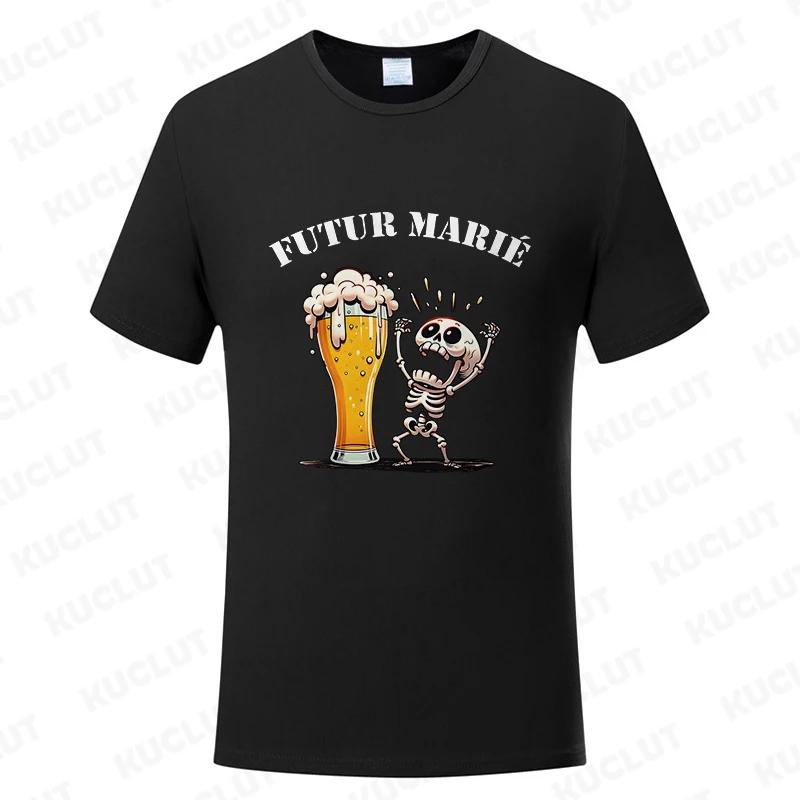 French Evg Team Future Groom Man T-shirt Wedding Tops Single Farewell Bachelor Party Tees Fashion Skeleton Beer Graphic Tshirt