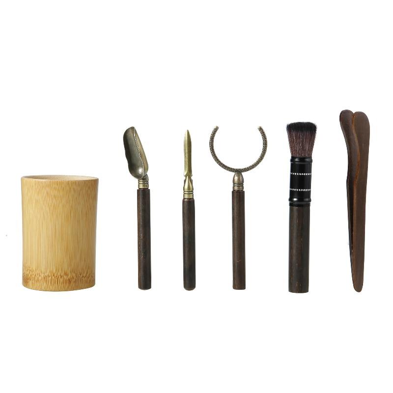 Black Sandalwood Tea Ceremony Six Gentlemen Set with Bamboo Wood Tools Includes Spoon Tongs Needle Brush Complete Accessories