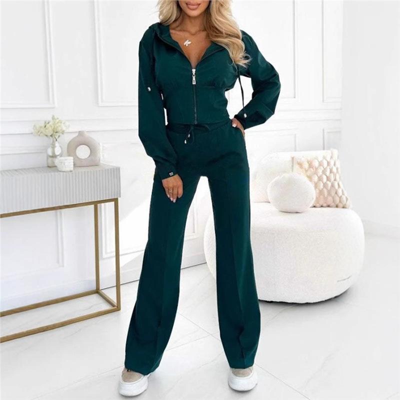 1116 Autumn and Winter European and American Women's Clothing Hooded Zipper Top Wide-leg Pants Two-piece Set