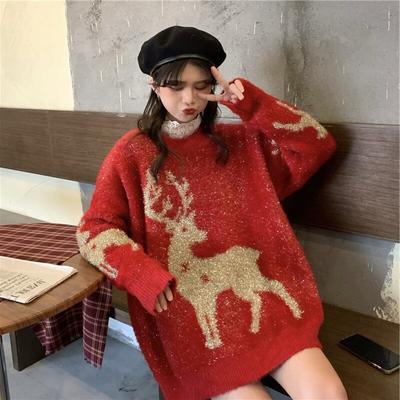 Weihnachtskleidung roter Pullover weiblich lockerer Retro-warmer weicher Tag dicker fauler koreanischer O-Ausschnitt-Herbst- und Winter-Langarmpullover
