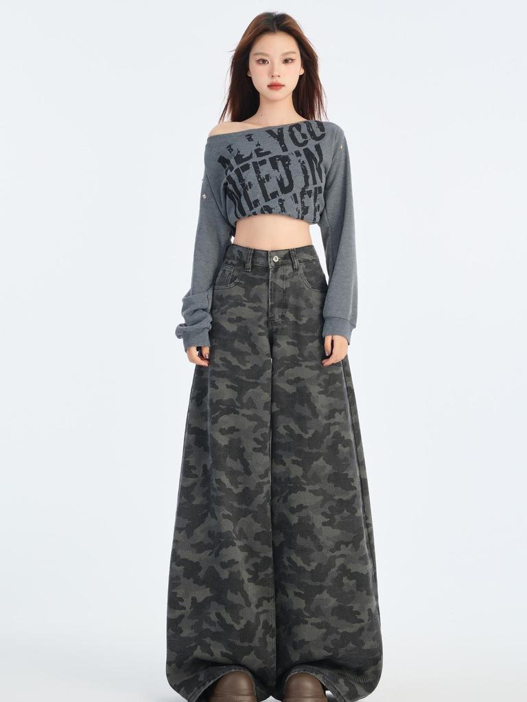 American-Style High-Waist Camo Jeans: Women's Wide-Leg, Slimming, Loose-Fit Pants for Spring 2025