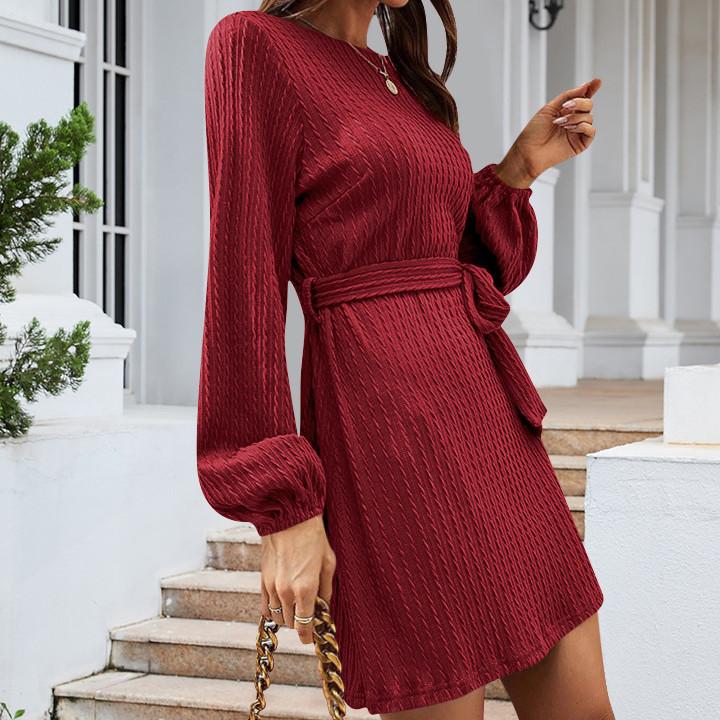 GMXIA Dámská móda Podzim Zima Jednobarevný potisk Neformální šaty s dlouhým rukávem do O výstřihu s vysokým pasem