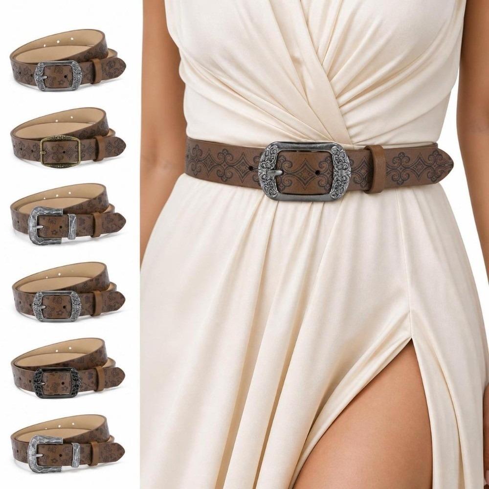 Carved PU Leather Belt Alloy Pin Buckle Decorative Belt Fashion Adjustable Belt  Daily Outfit