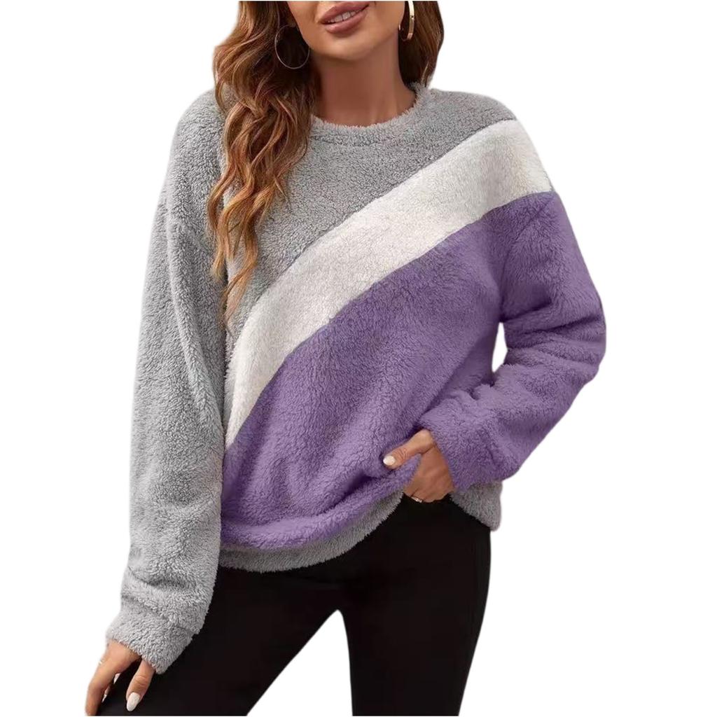 Women's Fashion Casual Round Neck Contrasting Color Drop Shoulder Sleeve Fleece Long Sleeve Pullover Top