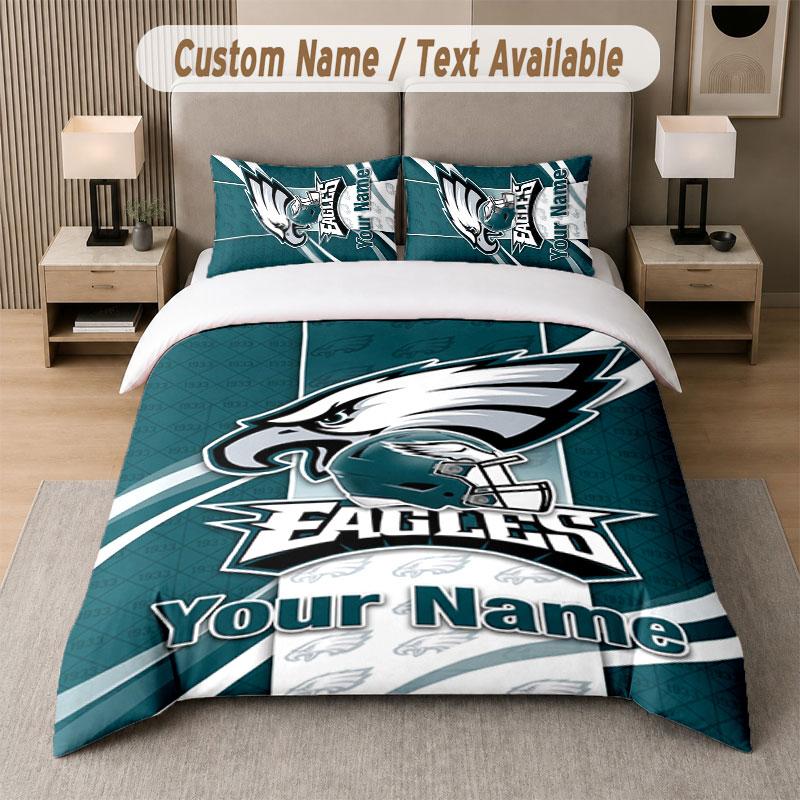 Custom Bedding Set Philadelphia Eagles Pattern, Print Name Text 1 Duvet Cover Plus 2 Pillowcases Home Textile
