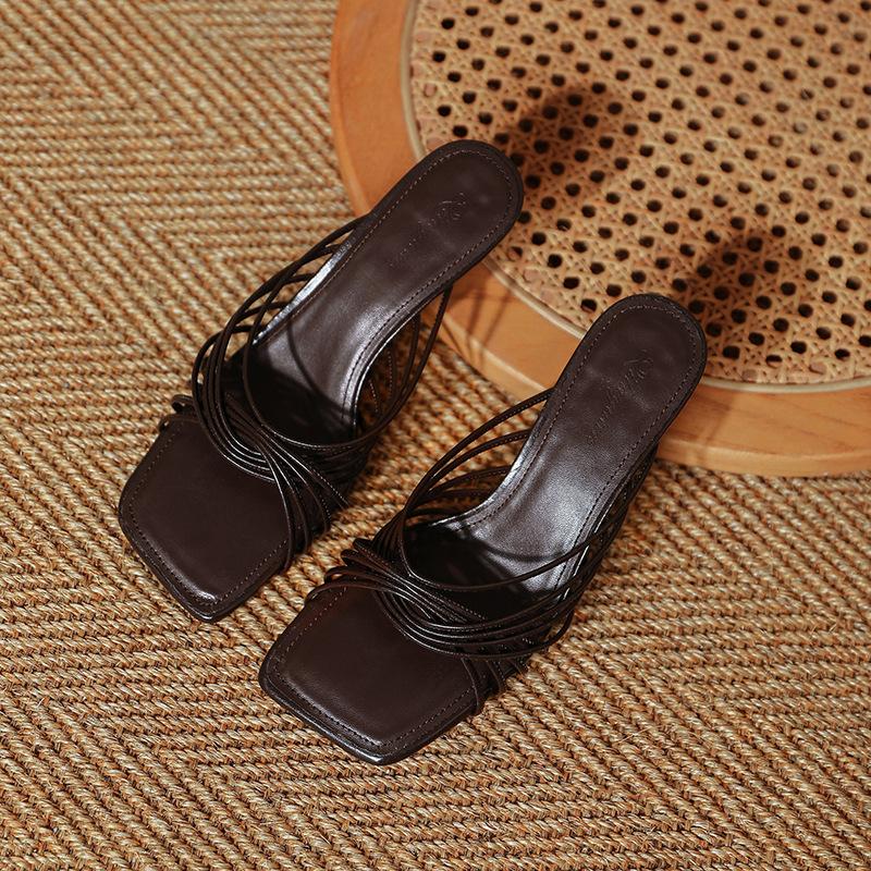 Women s French Style Thin Heel Slippers Summer Square Toe Cross Strap Fashion Sandals for Outdoor Wear Elegant Dressy 34