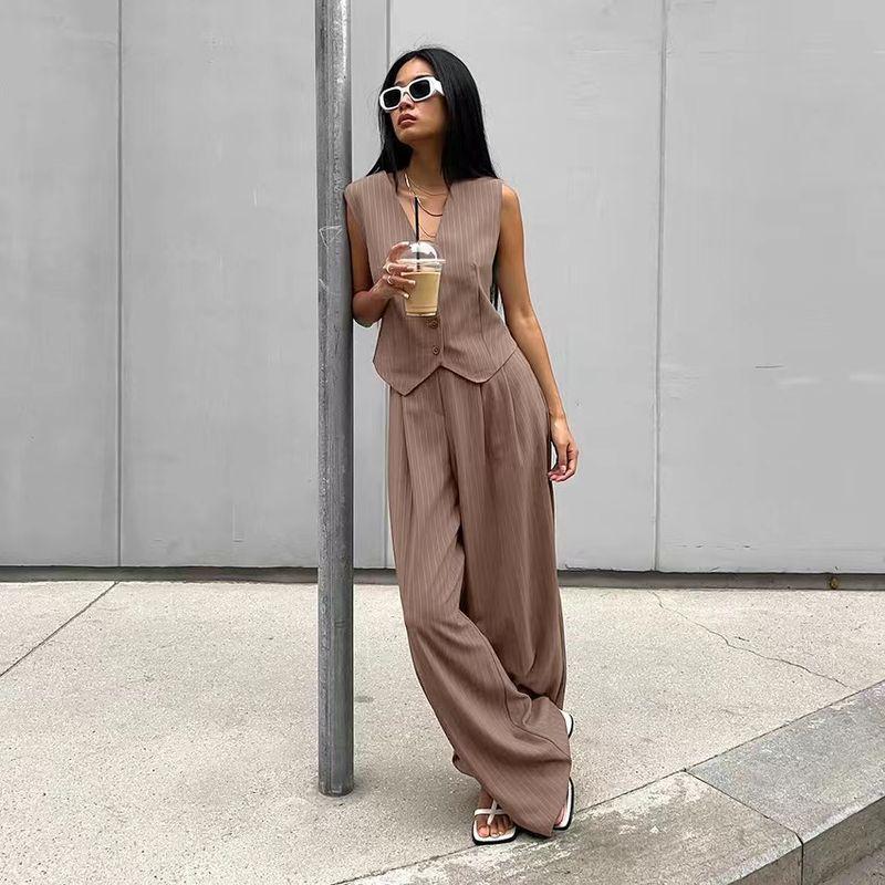 

Western Style V-neck Vest Wide-leg Pants Casual Two-Piece Set Striped Vest Wide Leg Pants Set Brown M