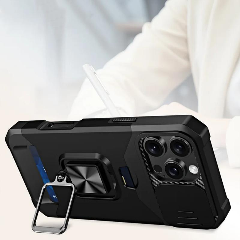 Stoßfestes, schweres Hartschalenetui mit Metallständer und Kartensteckplatz für das iPhone 16 Pro Max 15 Pro Max 14 Pro Max