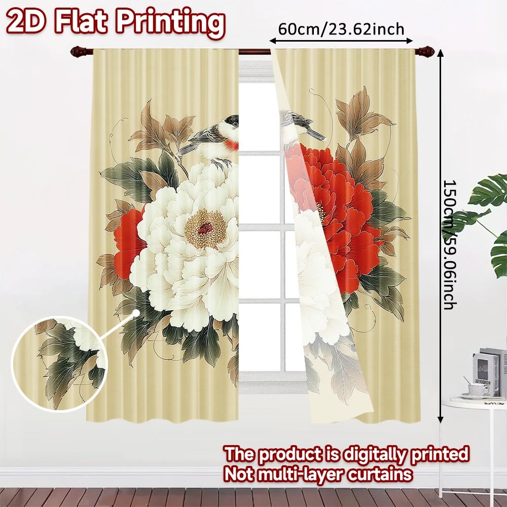 Set Of 2 Flat Printing Curtains Without Rod Floral Elegance Birds Women Is Day Festival Creative Fabric Curtain Made Polyester