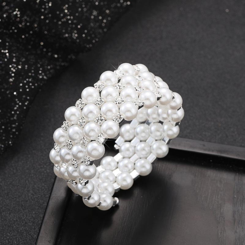 Multi-layer 8mm Pearl Rhinestone Bracelet, Bridal Full Diamond Elastic Bracelet Open Wound Diamond Bracelet
