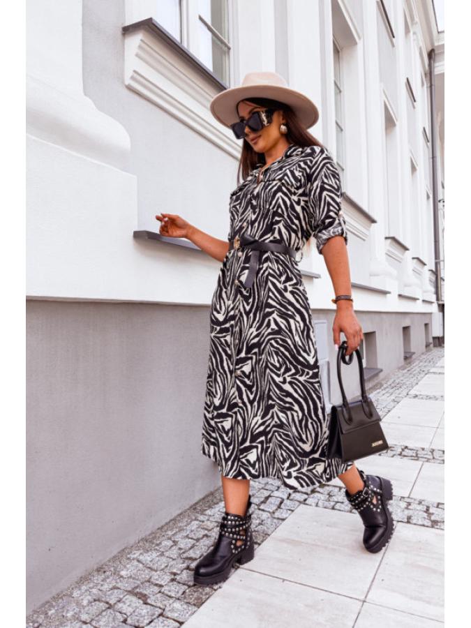 2024 Autumn European & American Mid-Length Leopard Print Dress with Roll-Up Sleeves