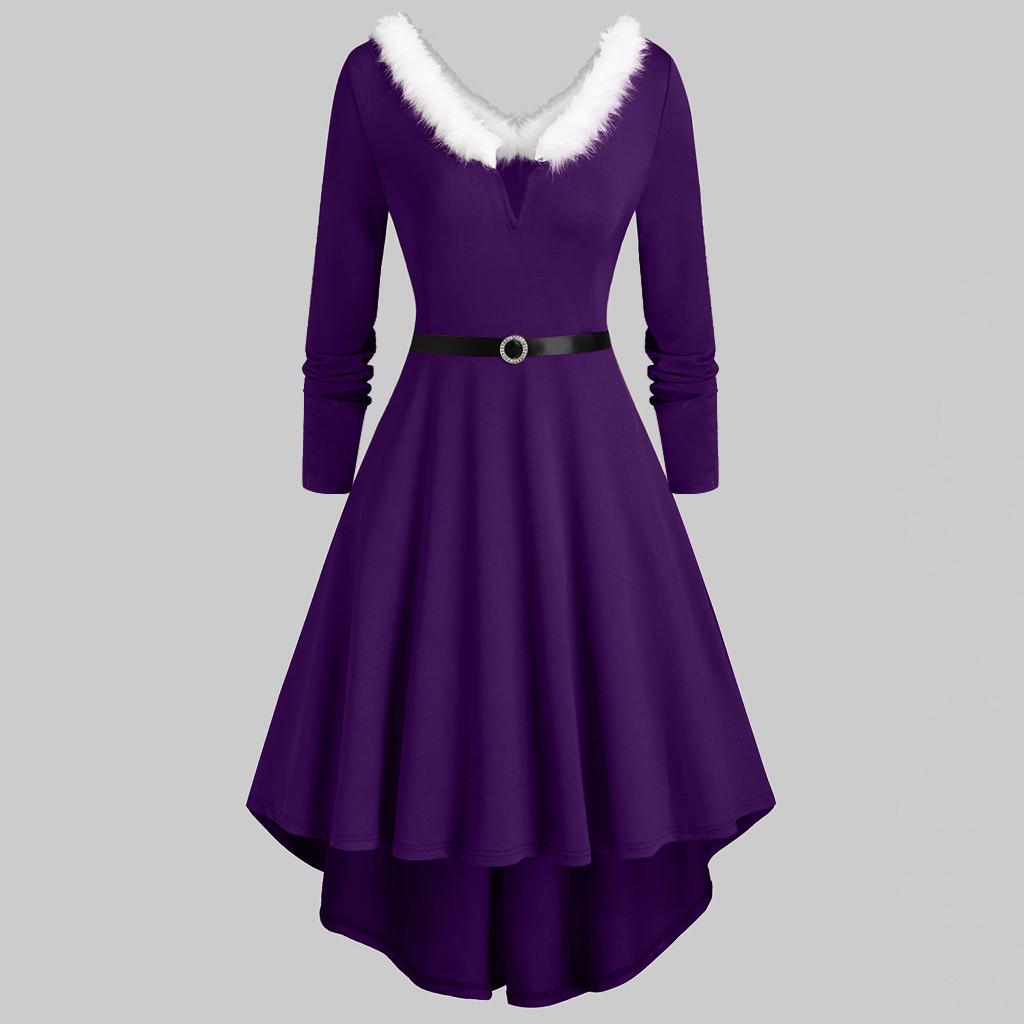 Plus Size Women Christmas Patchwork Faux  Panel Long Sleeve Asymmetric Dress