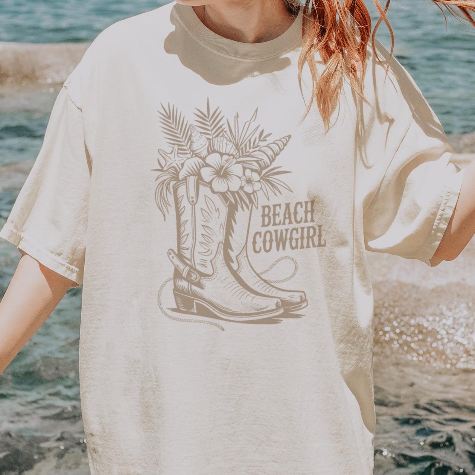 Beach Cowgirl Boots T-Shirt | Coastal Western Graphic Tee Ocean Theme 160