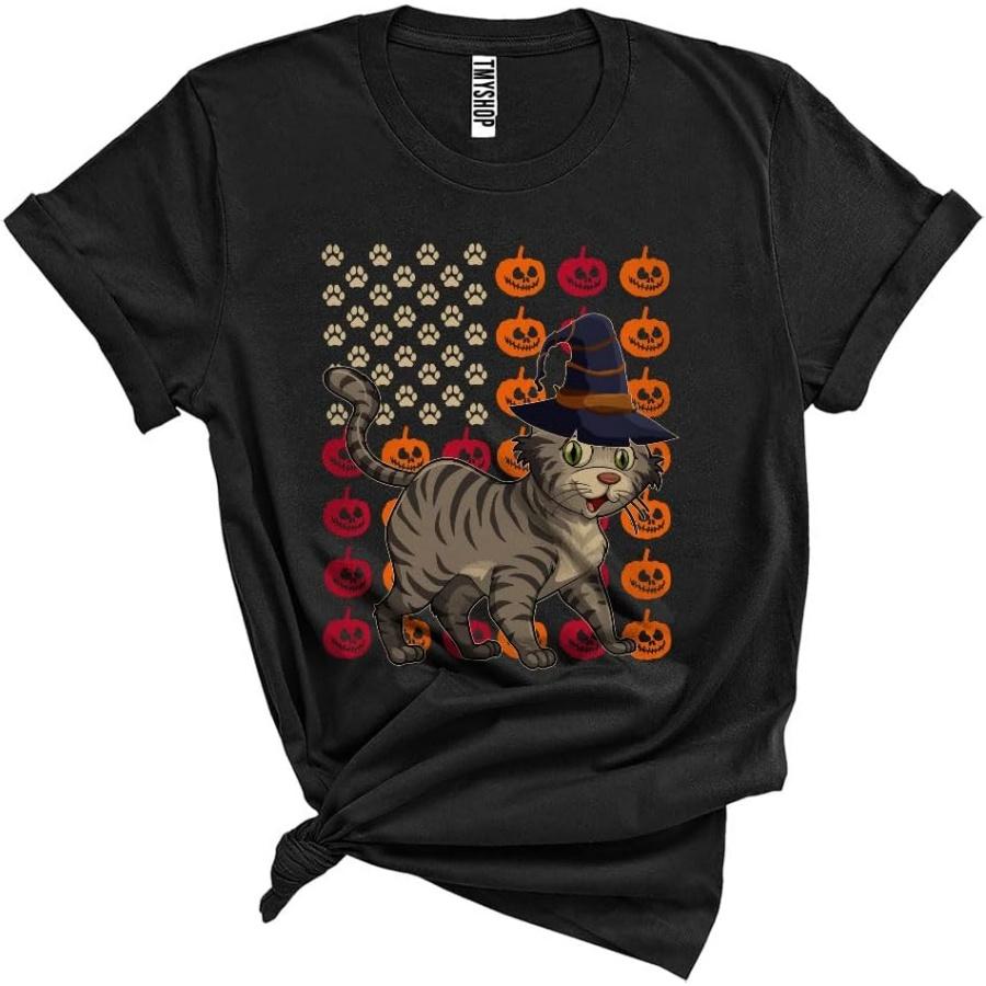 American Shorthair Witch On USA Flag Pumpkin Cat Paw Print Patriotic Halloween Cat Owner Lover Unisex T-Shirt Black S