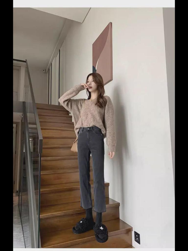 Women's High-Waist Slim Black & Gray Cropped Cigarette Pants for Autumn/Winter