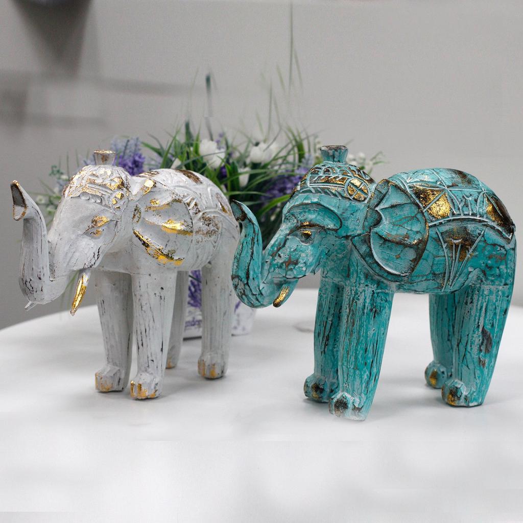Hand Carved Wooden Elephant Statue, Turquoise Gold