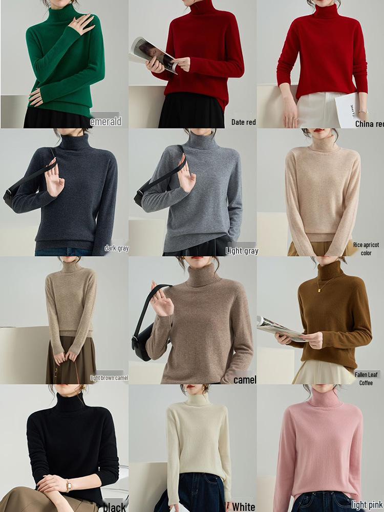 Women's Pure Wool High Neck Pullover: Warm Autumn/Winter Base Layer Long Sleeve Sweater