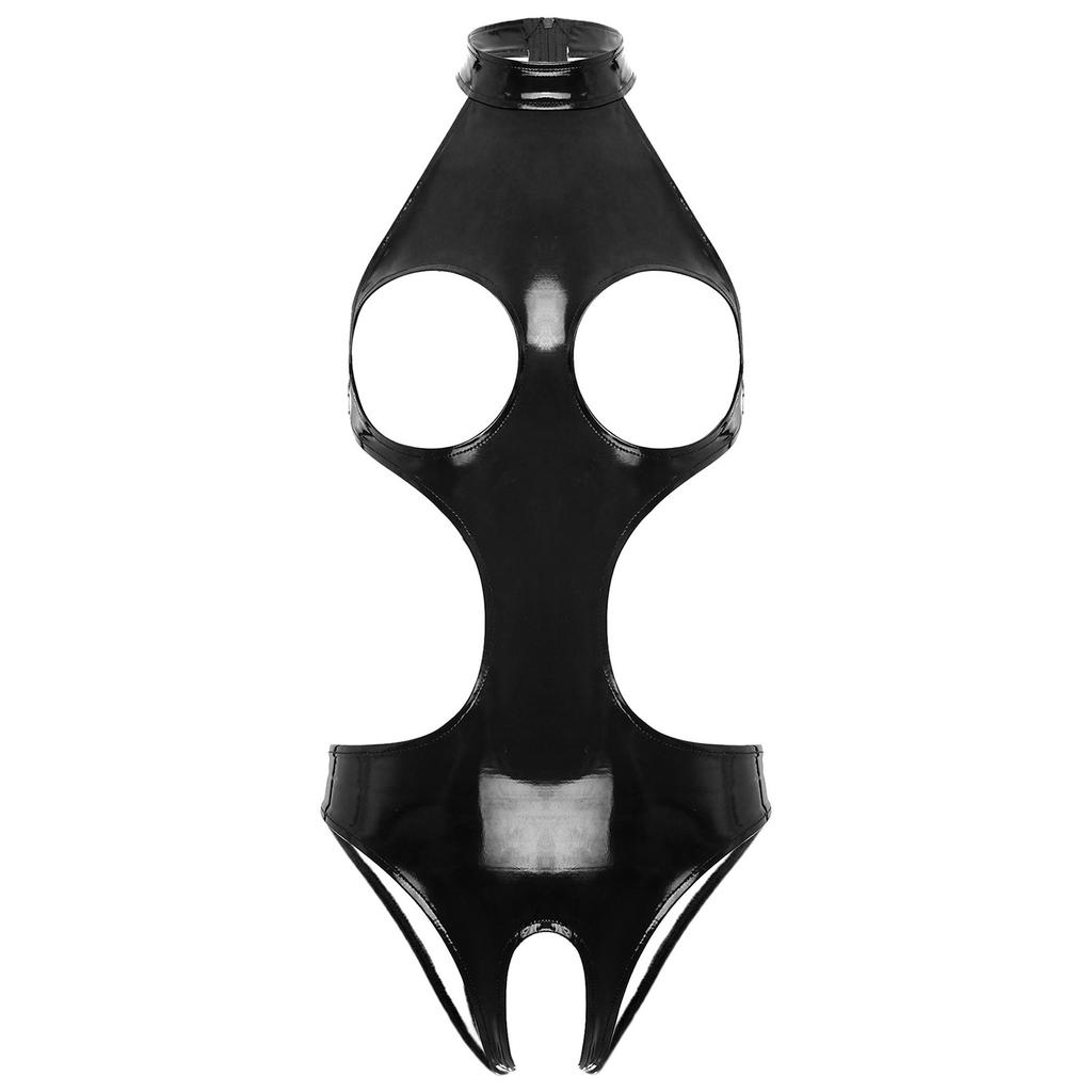 Womens Lingerie Open Breast Crotchless Lace Trimmed Leotard Bodysuit One-piece Wet Look Patent Leather Latex Teddy Clubwear