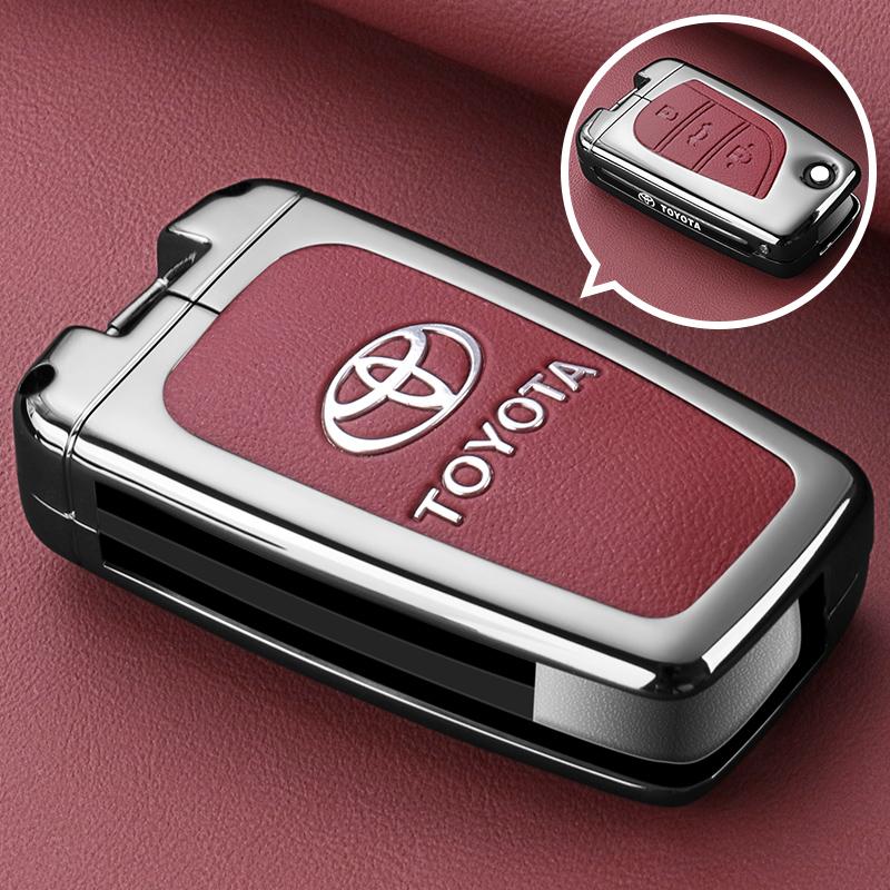 APQ4   Metal Leather Flip Car Key Fob Case Cover Keychain Ring For Toyota CHR C-HR Corolla Hatchback Sedan RAV4 LE Camry SE Hilux