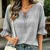 Women's Geometric Print Tie Neck Blouse Ruffle Half Sleeve Casual Loose Fit Summer Top