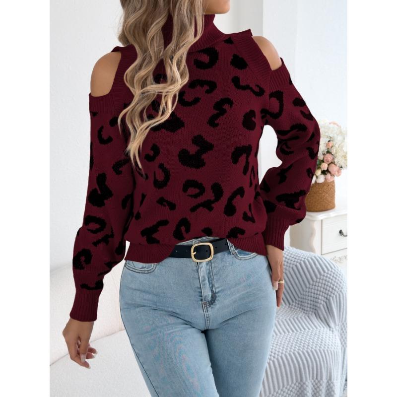 Women S Leopard Print Long Sleeve High Neck Casual Sweater