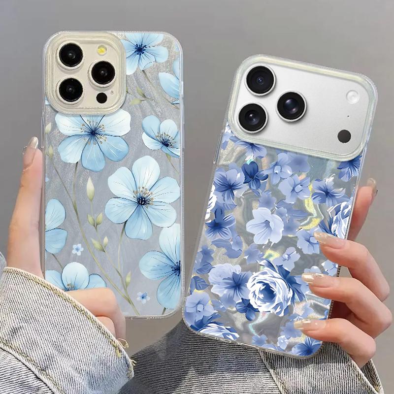 Blue Flowers Pattern Laser Phone Case For iPhone Air 17 16 15 14 13 15 Pro Max 16 15 Plus 13 17 Pro  Shockproof Hard Cover Funda