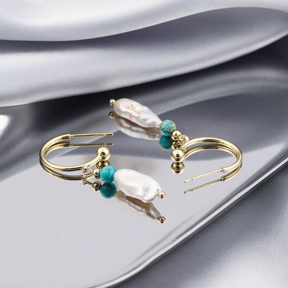 Asymmetrical Creative Pearl Natural Stone Earrings Fashionable Alloy Geometric Design