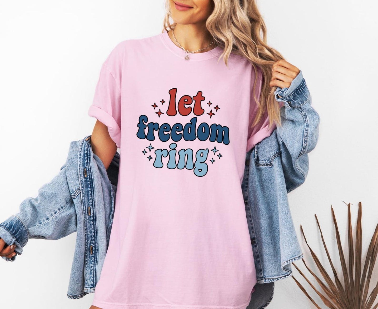 Let Freedom Ring T-Shirt, Wavy Text Patriotic Preppy Tee, Comfort Colors1717 Women s Top 3XL