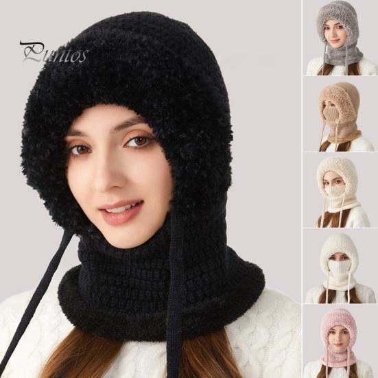 Women Winter Hat with Integrated Scarf Cold-proof Front Cover Thick Knitted Warm Solid Color Full Protection Outdoor Cycling Travel Cold Weather Cap